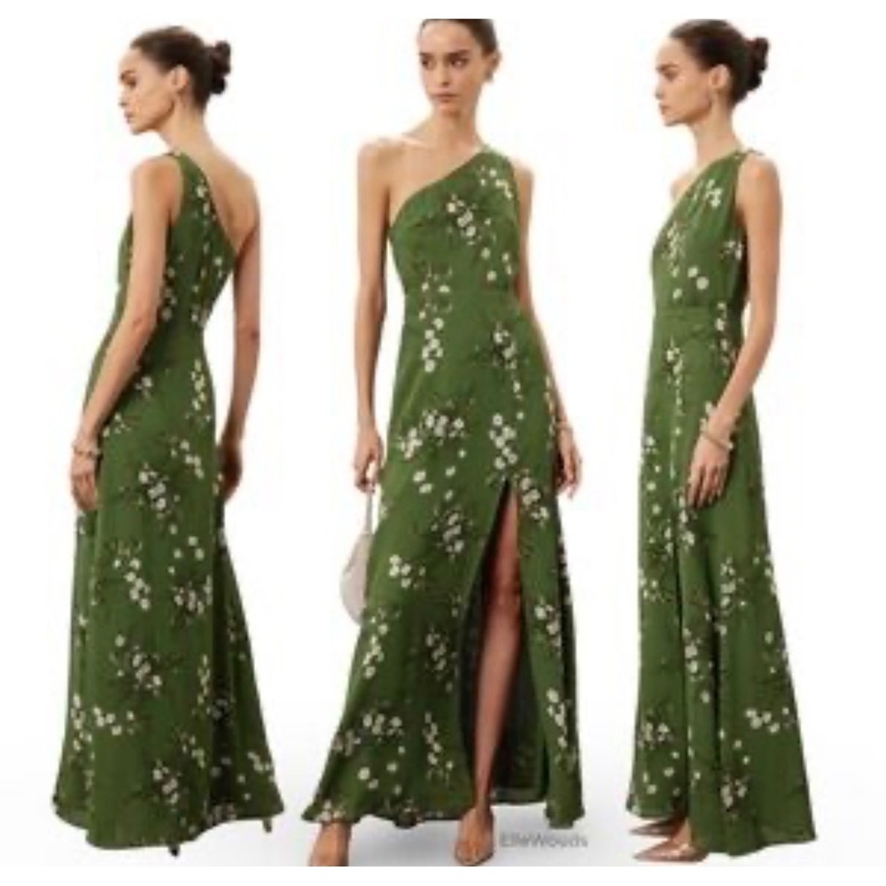Reformation Evelyn One Shoulder Maxi Dress 10 Green Floral Print Front Slit $349 - Picture 2 of 8